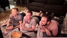 Magic threesome movie night with muslce gay studs