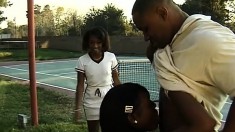 A couple of black tennis sluts each get an anal fuck from the pro