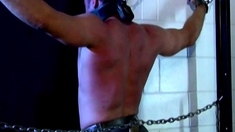 Muscular stud Derek Pain bound and flogged