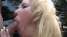 Bodacious blonde milf goes wild for a young stud's hard cock outside