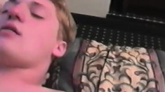 Young blond guy gets naked and has his stiff prick sucked by a gay stud