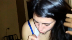 Latin teen hottie sucking a white cock