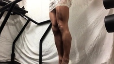 Walking in white lacy dress tan pantyhose